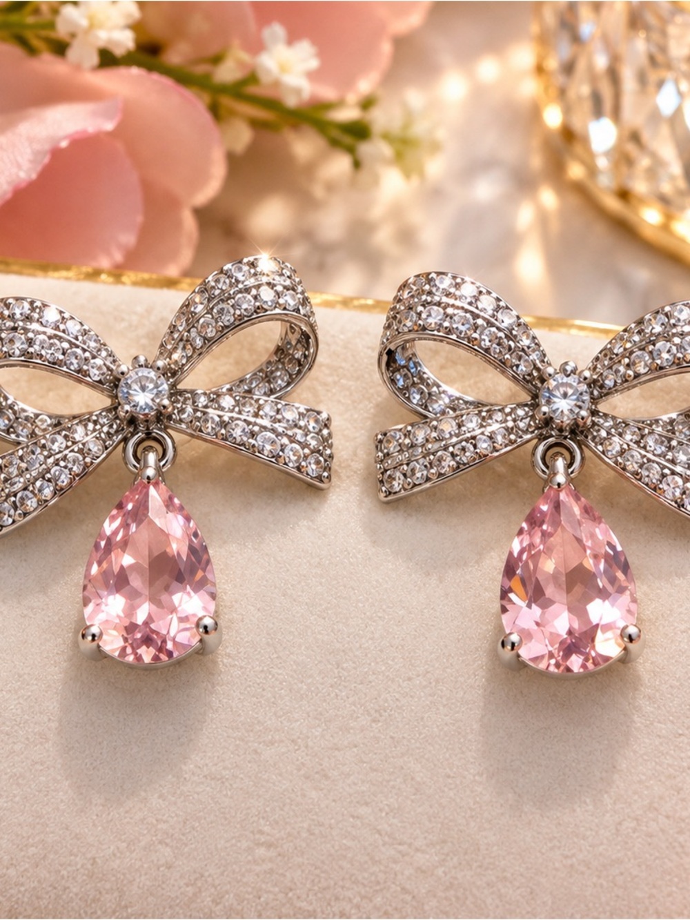 Elegant Bow Drop Earrings with Pink Teardrop Crystal